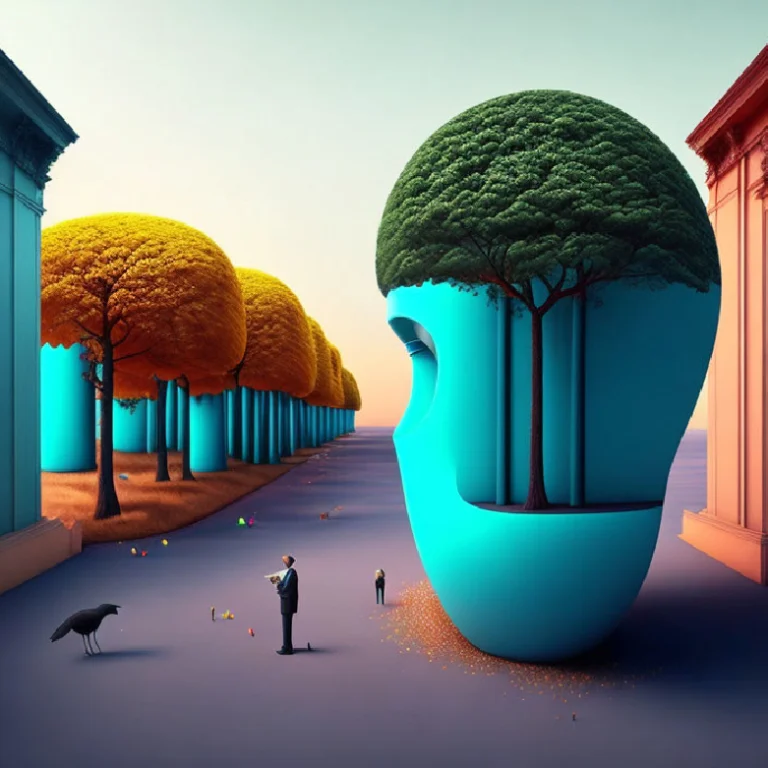 A surreal scene featuring a large blue head-shaped sculpture containing a tree, surrounded by symmetrical architecture and golden trees—evoking Gate 64, the Gate of Confusion and abstract processing.