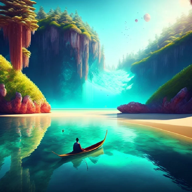 Person rowing a boat on a glowing turquoise river surrounded by lush cliffs, symbolizing Gate 7 – The Role of the Self in Interaction