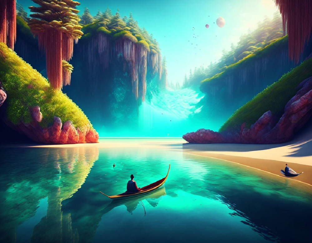 Person rowing a boat on a glowing turquoise river surrounded by lush cliffs, symbolizing Gate 7 – The Role of the Self in Interaction