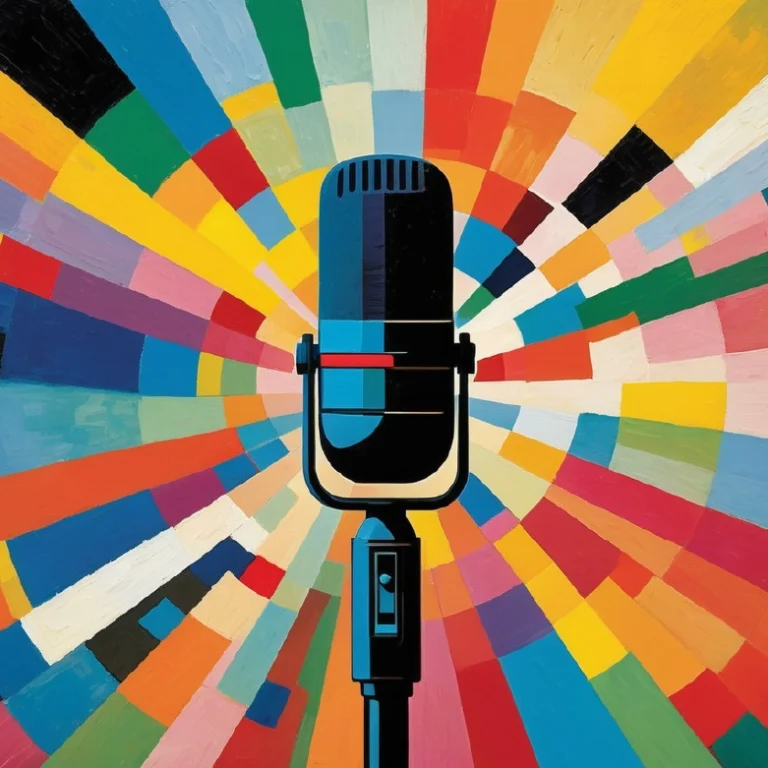 Microphone surrounded by colorful geometric rays symbolizing expression and creative contribution for Gate 8 – The Gate of Holding Together