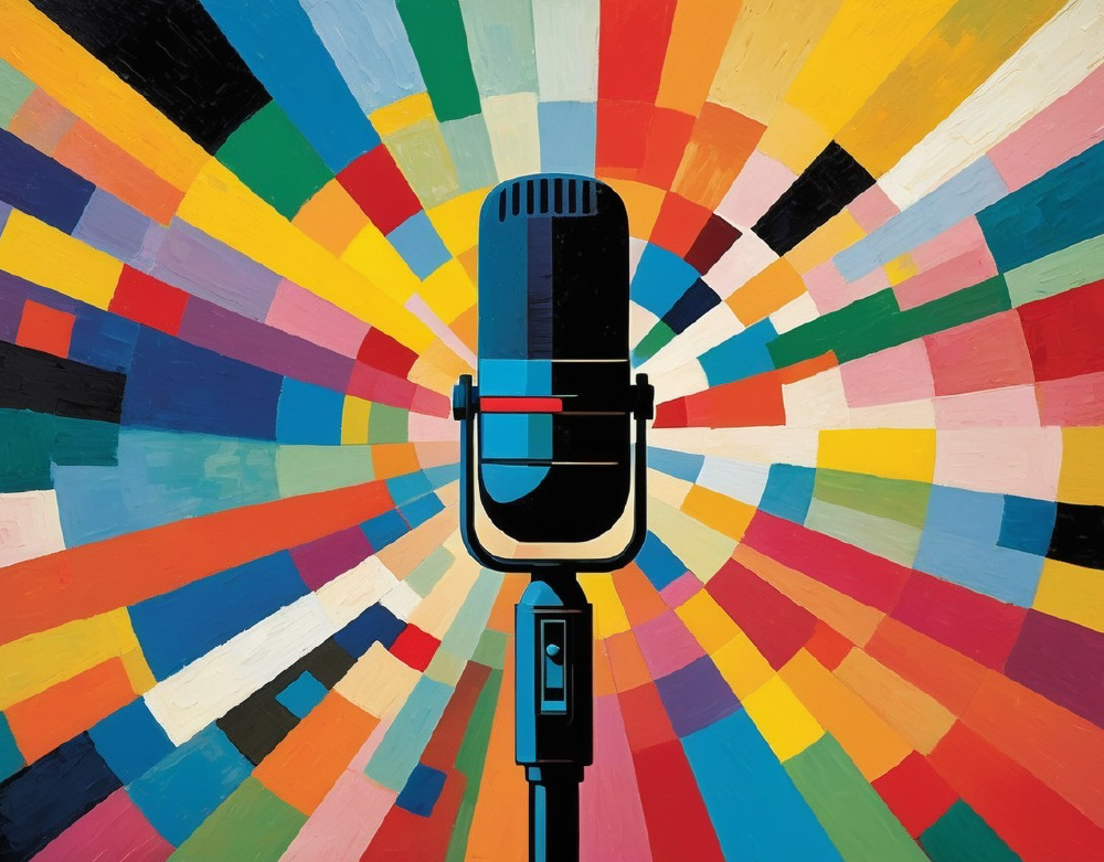 Microphone surrounded by colorful geometric rays symbolizing expression and creative contribution for Gate 8 – The Gate of Holding Together