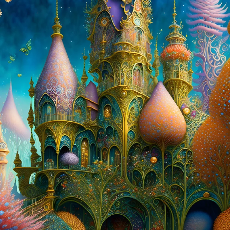 Whimsical fantasy castle with intricate details and glowing elements symbolizing Gate 9 – The Taming Power of the Small, representing focus and precision