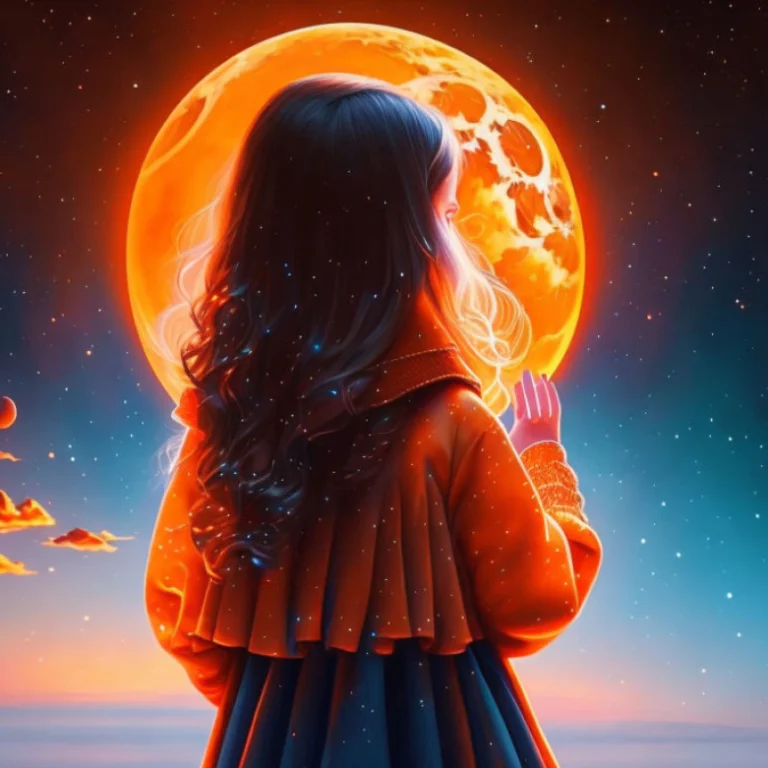 Young girl gazing at a glowing orange moon on a cosmic horizon, symbolizing the beginning of a mysterious and transformative journey.