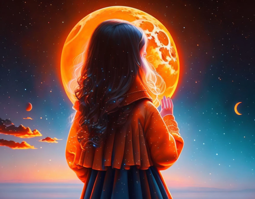 Young girl gazing at a glowing orange moon on a cosmic horizon, symbolizing the beginning of a mysterious and transformative journey.