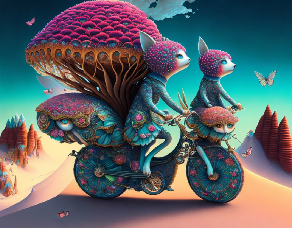 Two whimsical, fox-like beings riding a fantastical bicycle powered by turtle-like creatures, symbolizing business synergy, collaboration, and energetic alignment through BG5 partnership profiling.