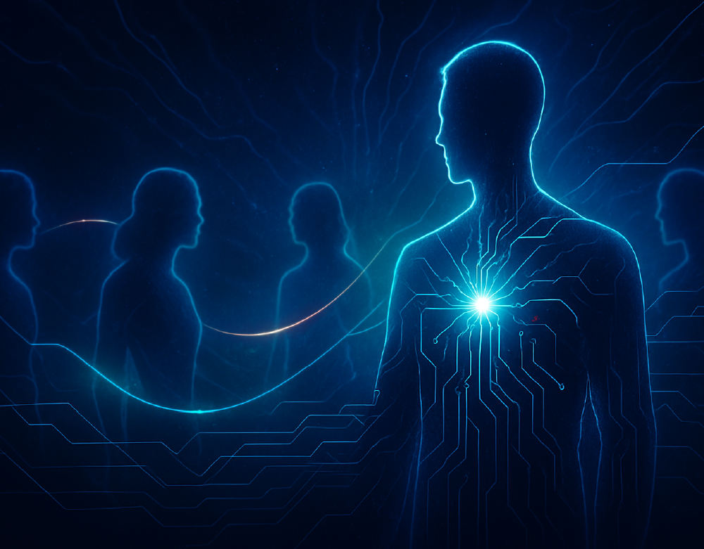 Futuristic silhouettes of people connected by glowing circuits, symbolizing energetic collaboration, role dynamics, and decision-making flow in BG5 Penta group mechanics.