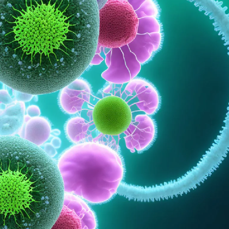 Microscopic view of vibrant green and purple molecular structures connected by filament strands, symbolizing the biochemical codons Cysteine, Glutamine, and Glutamic Acid and their corresponding Human Design gates.