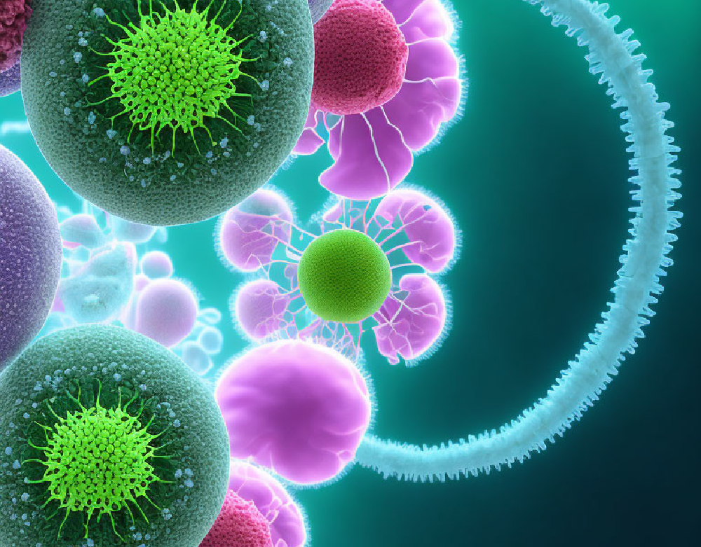 Microscopic view of vibrant green and purple molecular structures connected by filament strands, symbolizing the biochemical codons Cysteine, Glutamine, and Glutamic Acid and their corresponding Human Design gates.