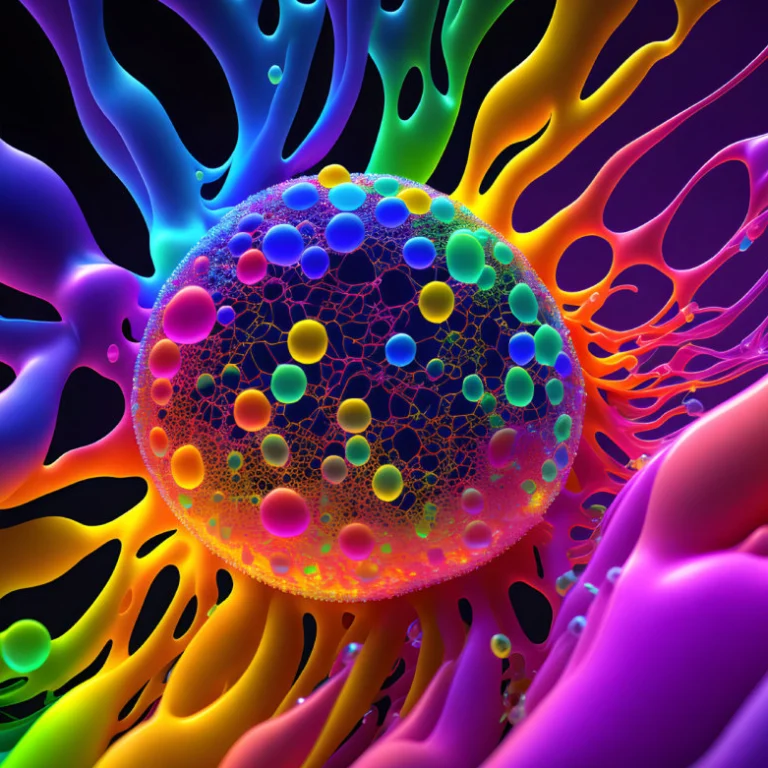 Multicolored molecular structure with vibrant rainbow filaments, symbolizing the codons Glycine, Histidine, Isoleucine, and Leucine as forces of genetic integration and transformation in Human Design.