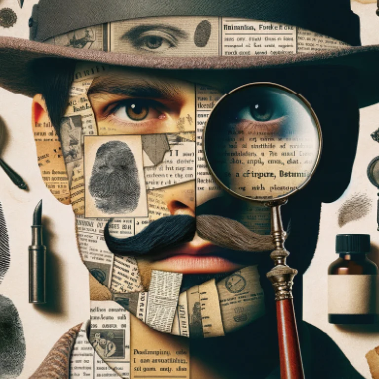 Vintage detective collage with magnifying glass, fingerprints, and newspaper clippings symbolizing Fear Motivation in Human Design.