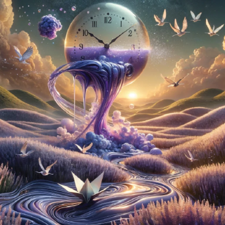 Surreal dreamscape with a melting clock, lavender fields, flowing rivers, and flying birds symbolizing Hope Motivation in Human Design.