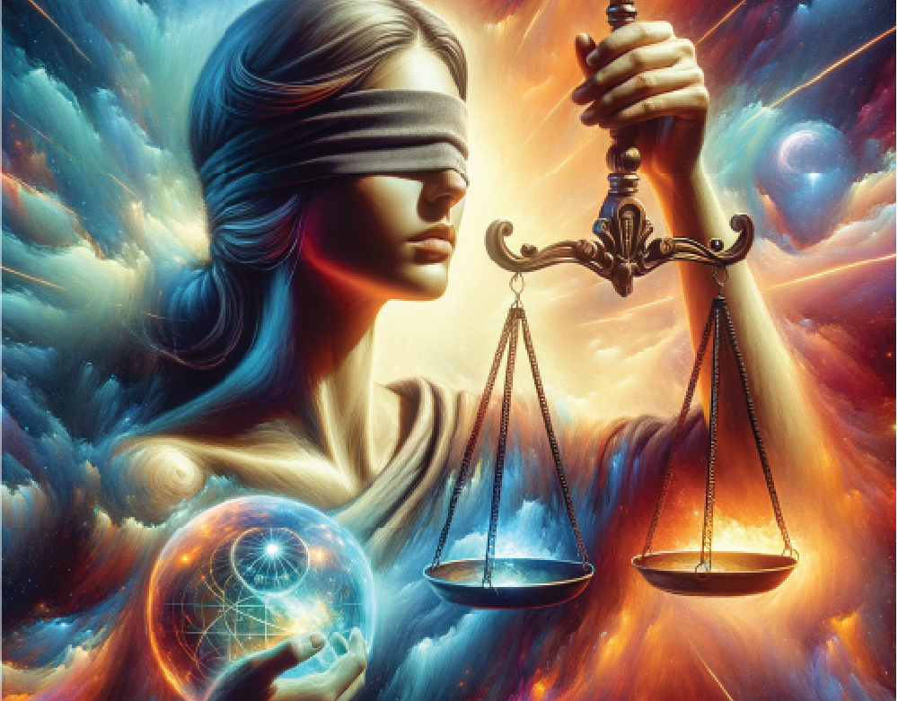 Blindfolded woman holding a scale and glowing orb, representing Need Motivation in Human Design — clarity through essentiality, not opinion.