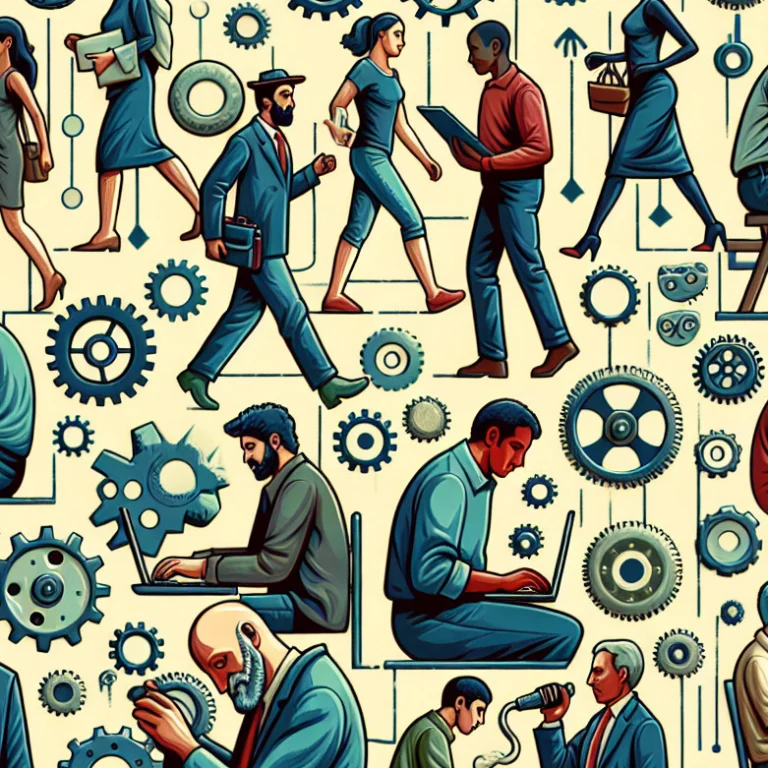 People working amid gears and machinery, symbolizing Guilt Motivation in Human Design — the tension between duty, structure, and personal boundaries.