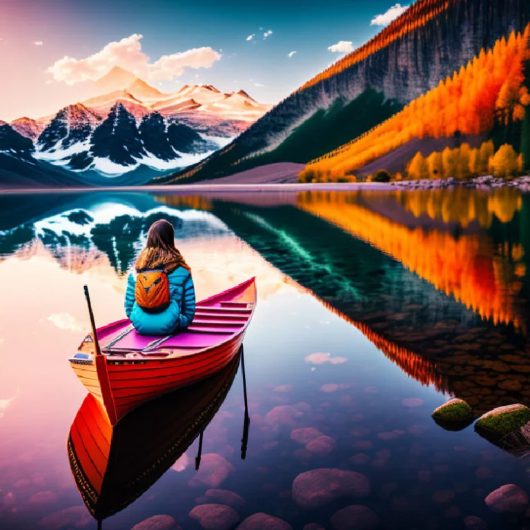 Person in a red canoe on a mirror-like lake surrounded by autumn forests and snow-capped peaks, symbolizing Gate 20 in Human Design