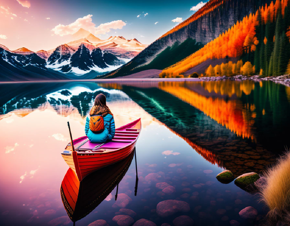 Person in a red canoe on a mirror-like lake surrounded by autumn forests and snow-capped peaks, symbolizing Gate 20 in Human Design