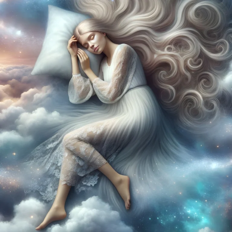 Woman dreaming in cosmic clouds representing the DreamRave state in Human Design.