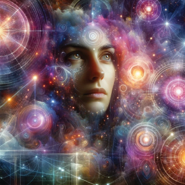 A cosmic woman surrounded by vibrant spheres of light and sacred geometry, symbolizing the Generator and Manifesting Generator's role as energetic engines in the Human Design Matrix.