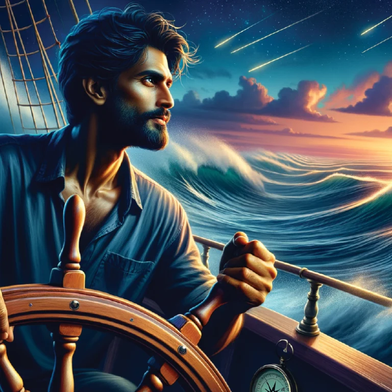 A confident man steering a ship through powerful ocean waves at sunset, representing the Manifestor’s role as an independent initiator and force of change in the Human Design matrix.
