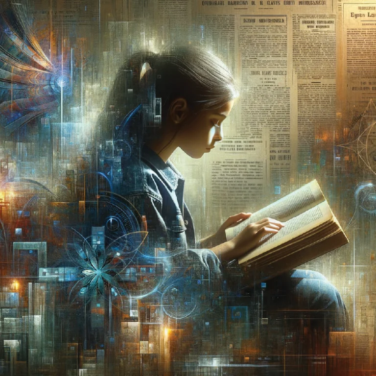 A focused girl reading an ancient book against a background of glowing geometry and encoded systems, symbolizing the Projector’s role as the guide and system master in Human Design.